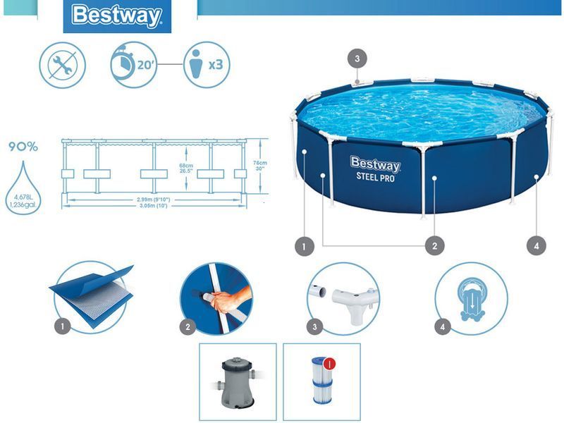 Каркасний круглий басейн Bestway 305 x 76 см 8в1 (56679) з насосом 56679 - постачальник товарів для дому, офісу та салонів краси OFerta